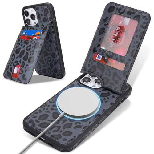 Ｈａｖａｙａ für iPhone 15 Pro Max Hülle Kompatibel mit Magsafe Hülle für iPhone 15 Pro Max mit Kartenfach Hülle geldbörse Leder für Herren und Damen - Schwarzer Leopardendruck von Ｈａｖａｙａ