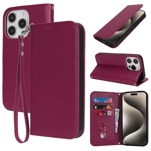Ｈａｖａｙａ für iPhone 15 Pro Max Hülle Kompatibel mit kartenfach für iPhone 15 Pro Max klapphülle mit Band kurz geldbörse Herren und Damen - Dunkelrot von Ｈａｖａｙａ