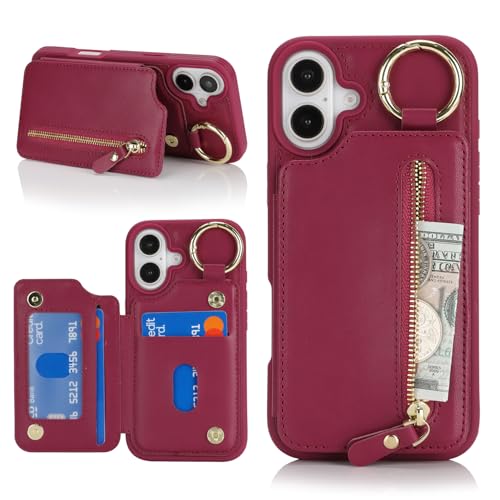 Havaya für iPhone 16 Hülle mit Kartenhalter Handyhülle für iPhone 16 mit Schlüsselanhänger Hülle geldbörse Leder Reißverschluss für Herren und Damen - Dunkelrot Havaya für iPhone 16 Hülle mit Kartenhalter Handyhülle für iPhone 16 mit Schlüsselanhänger Hülle geldbörse Leder Reißverschluss für Herren und Damen - Dunkelrot von Havaya