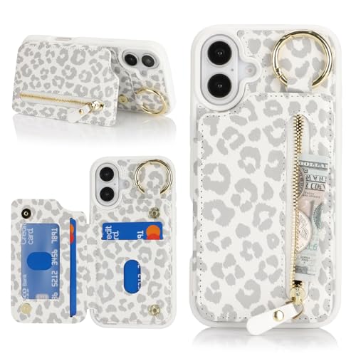 Havaya für iPhone 16 Hülle mit Kartenhalter Handyhülle für iPhone 16 mit Schlüsselanhänger Hülle geldbörse Leder Reißverschluss für Herren und Damen - Weißer Leopardendruck Havaya für iPhone 16 Hülle mit Kartenhalter Handyhülle für iPhone 16 mit Schlüsselanhänger Hülle geldbörse Leder Reißverschluss für Herren und Damen - Weißer Leopardendruck von Havaya
