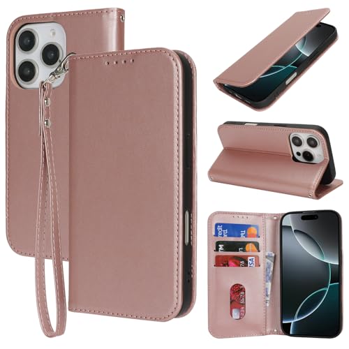 Ｈａｖａｙａ für iPhone 16 Pro Hülle Kompatibel mit kartenfach für iPhone 16 Pro klapphülle mit Band kurz geldbörse Herren und Damen - Roségold von Ｈａｖａｙａ