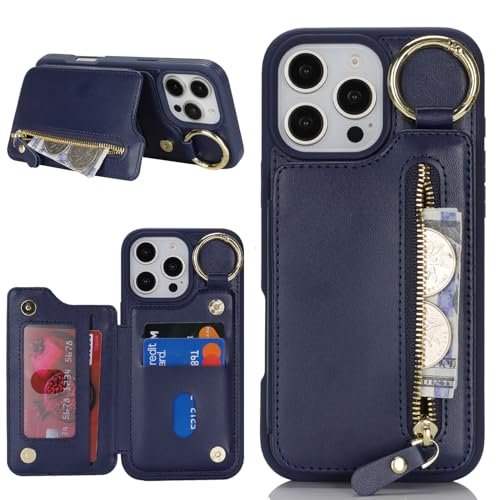 Ｈａｖａｙａ für iPhone 16 Pro Max Hülle mit Kartenhalter Handyhülle für iPhone 16 Pro Max mit Schlüsselanhänger Hülle geldbörse Leder Reißverschluss für Herren und Damen - Dunkelblau von Ｈａｖａｙａ