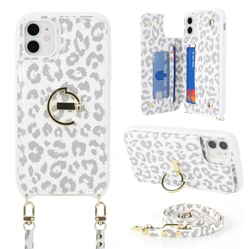Ｈａｖａｙａ iPhone 11 Hülle mit Band Kartenfach handyhülle iPhone 11 mit Band Portemonnaie Damen Reißverschluss Ring Ständer Case - Weißer Leopardendruck von Ｈａｖａｙａ