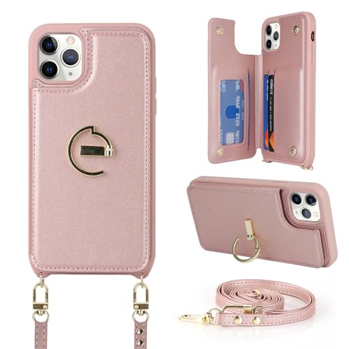 Ｈａｖａｙａ iPhone 11 Pro Max Hülle mit Band Kartenfach handyhülle iPhone 11 Pro Max mit Band Portemonnaie Damen Reißverschluss Ring Ständer Case - Roségold von Ｈａｖａｙａ