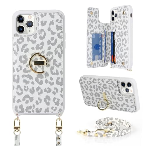 Ｈａｖａｙａ iPhone 11 Pro Max Hülle mit Band Kartenfach handyhülle iPhone 11 Pro Max mit Band Portemonnaie Damen Reißverschluss Ring Ständer Case - Weißer Leopardendruck von Ｈａｖａｙａ