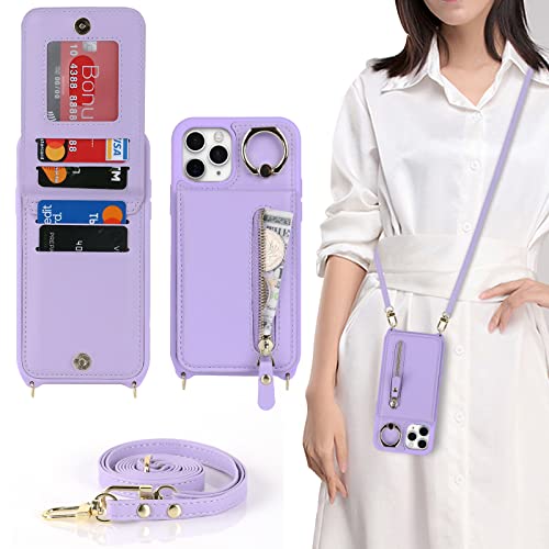 Ｈａｖａｙａ iPhone 11 Pro Max Hülle mit Band RFID Kartenhalter handyhülle iPhone 11 Pro Max mit Reißverschluss Band Ring Ständer Case für Frauen - Lila von Ｈａｖａｙａ