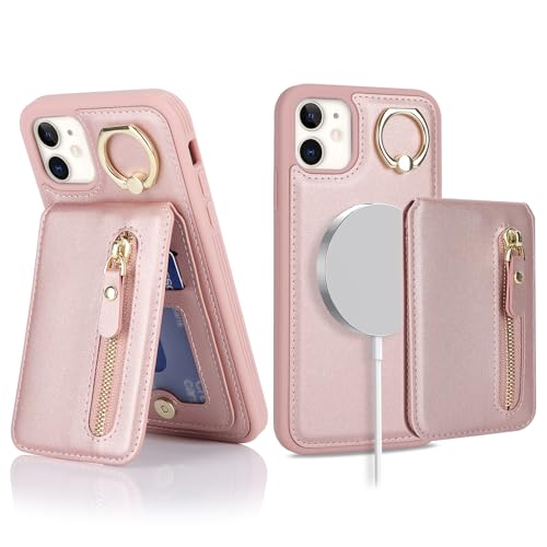 Ｈａｖａｙａ für iPhone 12 Hülle Kompatibel mit Magsafe für iPhone 12 Pro Hülle kartenfach Abnehmbar 2 in 1 Reißverschluss geldbörse Herren und Damen - Rosa von Ｈａｖａｙａ