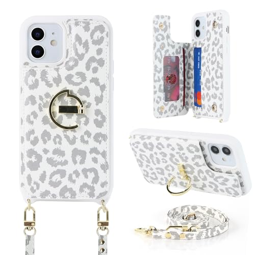 Ｈａｖａｙａ iPhone 12 Hülle mit Band Kartenfach handyhülle iPhone 12 Pro mit Band Portemonnaie Damen Reißverschluss Ring Ständer Case - Weißer Leopardendruck von Ｈａｖａｙａ