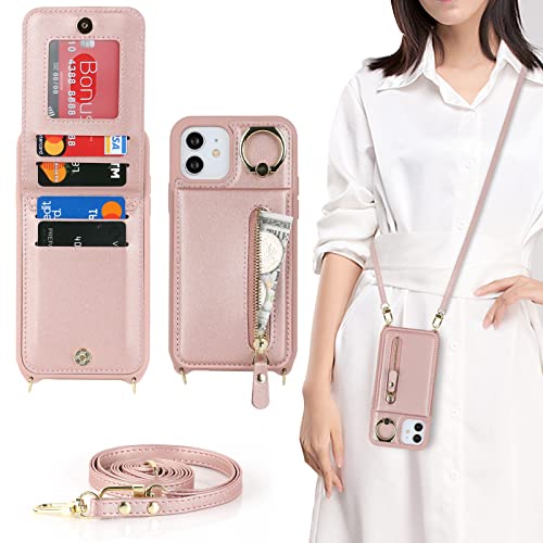 Ｈａｖａｙａ iPhone 12 Hülle mit Band RFID Kartenhalter handyhülle iPhone 12 Pro mit Reißverschluss Band Ring Ständer Case für Frauen - Roségold von Ｈａｖａｙａ