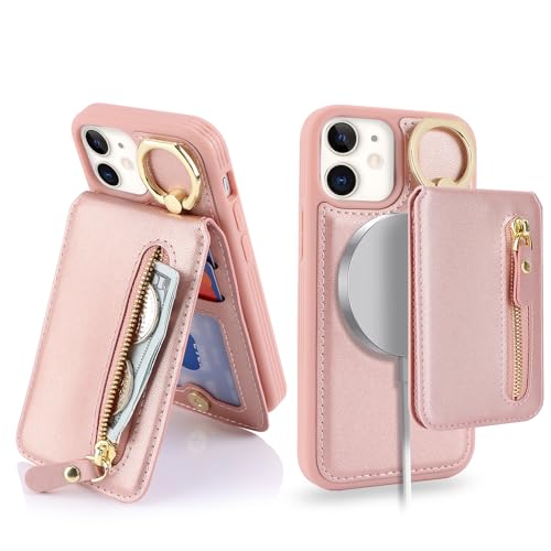 Ｈａｖａｙａ iPhone 12 Mini Hülle Kompatibel mit Magsafe für iPhone 12 Mini Hülle Kartenetui Abnehmbar 2 in 1 Reißverschluss geldbörse Herren und Damen - Rosa von Ｈａｖａｙａ