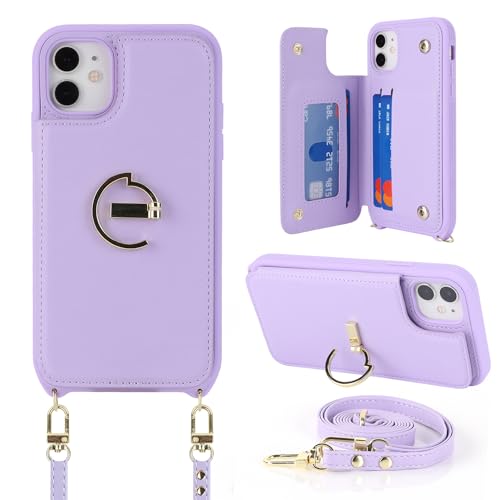 Ｈａｖａｙａ iPhone 12 Mini Hülle mit Band Kartenfach handyhülle iPhone 12 Mini mit Band Portemonnaie Damen Reißverschluss Ring Ständer Case - Lila von Ｈａｖａｙａ