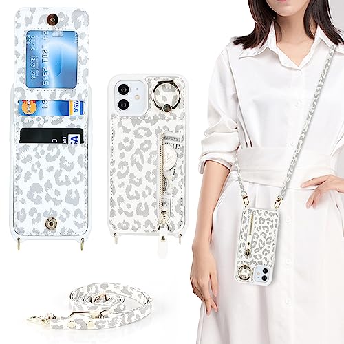 Ｈａｖａｙａ iPhone 12 Mini Hülle mit Band RFID Kartenhalter handyhülle iPhone 12 Mini mit Reißverschluss Band Ring Ständer Case für Frauen - Weißer Leopardendruck von Ｈａｖａｙａ