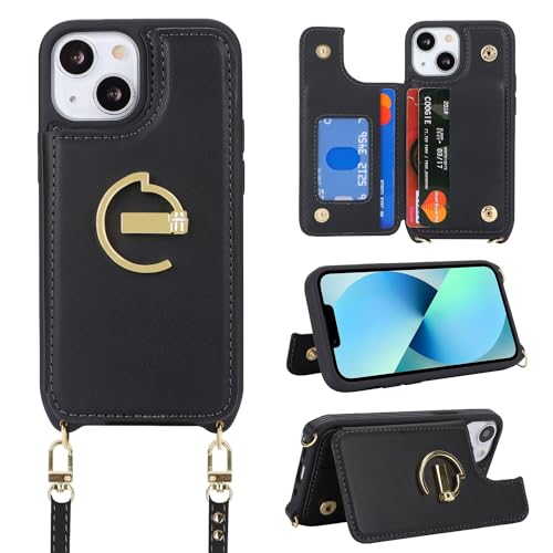 Ｈａｖａｙａ iPhone 13 Mini Hülle mit Band Kartenfach handyhülle iPhone 13 Mini mit Band Portemonnaie Damen Reißverschluss Ring Ständer Case - Schwarz von Ｈａｖａｙａ