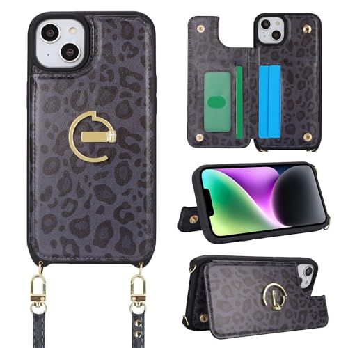 Ｈａｖａｙａ iPhone 13 Mini Hülle mit Band Kartenfach handyhülle iPhone 13 Mini mit Band Portemonnaie Damen Reißverschluss Ring Ständer Case - Schwarzer Leopardendruck von Ｈａｖａｙａ