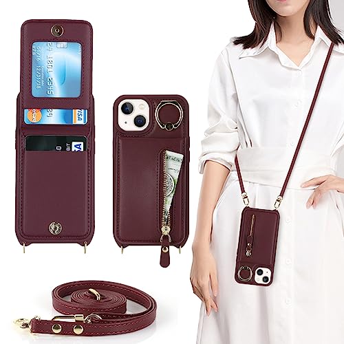 Ｈａｖａｙａ iPhone 13 Mini Hülle mit Band RFID Kartenhalter handyhülle iPhone 13 Mini mit Reißverschluss Band Ring Ständer Case für Frauen - Burgunderrot von Ｈａｖａｙａ