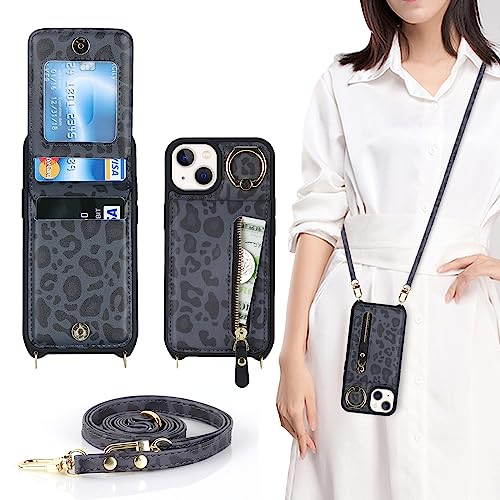 Ｈａｖａｙａ iPhone 13 Mini Hülle mit Band RFID Kartenhalter handyhülle iPhone 13 Mini mit Reißverschluss Band Ring Ständer Case für Frauen - Schwarzer Leopardendruck von Ｈａｖａｙａ