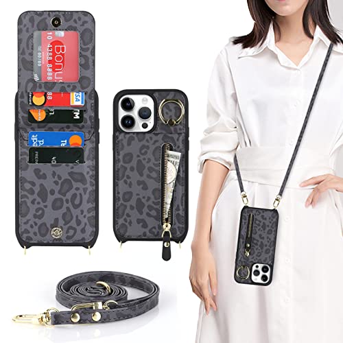 Ｈａｖａｙａ iPhone 13 Pro Hülle mit Band RFID Kartenhalter handyhülle iPhone 13 Pro mit Reißverschluss Band Ring Ständer Case für Frauen - Schwarzer Leopardendruck von Ｈａｖａｙａ