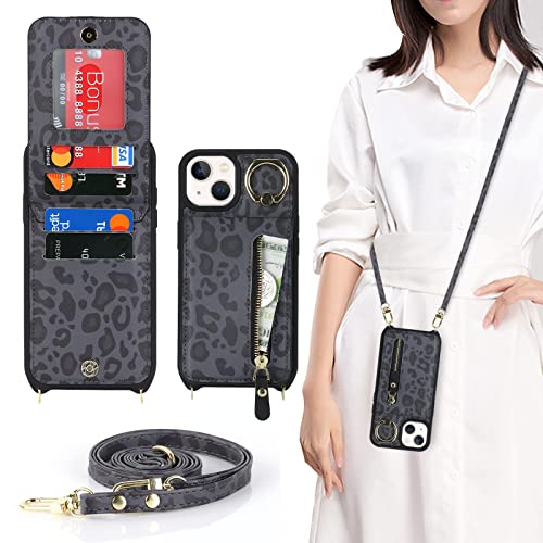Ｈａｖａｙａ iPhone 14 Hülle mit Band RFID Kartenhalter handyhülle iPhone 13 mit Reißverschluss Band Ring Ständer Case für Frauen - Schwarzer Leopardendruck von Ｈａｖａｙａ