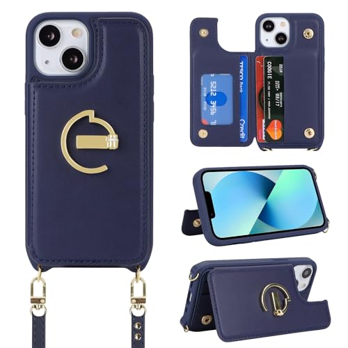 Ｈａｖａｙａ iPhone 14 Plus Hülle mit Band Kartenfach handyhülle iPhone 14 Plus mit Band Portemonnaie Damen Reißverschluss Ring Ständer Case - Dunkelblau von Ｈａｖａｙａ