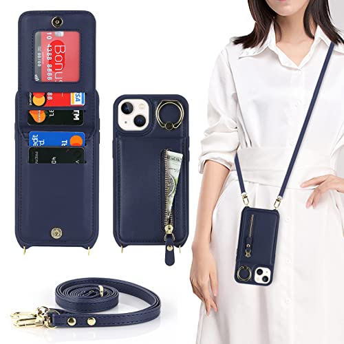 Ｈａｖａｙａ iPhone 14 Plus Hülle mit Band RFID Kartenhalter handyhülle iPhone 14 Plus mit Reißverschluss Band Ring Ständer Case für Frauen - Blau von Ｈａｖａｙａ