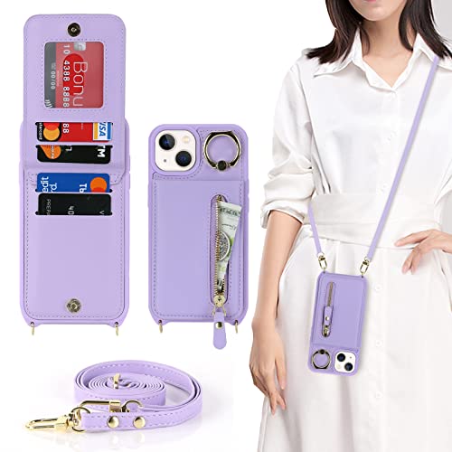 Ｈａｖａｙａ iPhone 14 Plus Hülle mit Band RFID Kartenhalter handyhülle iPhone 14 Plus mit Reißverschluss Band Ring Ständer Case für Frauen - Lila von Ｈａｖａｙａ