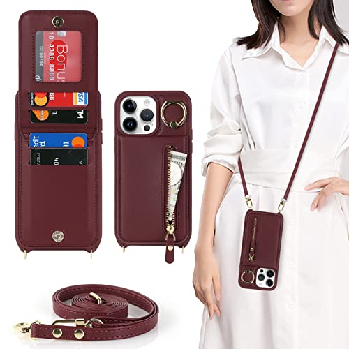 Ｈａｖａｙａ iPhone 14 Pro Hülle mit Band RFID Kartenhalter handyhülle iPhone 14 Pro mit Reißverschluss Band Ring Ständer Case für Frauen - Burgunderrot von Ｈａｖａｙａ