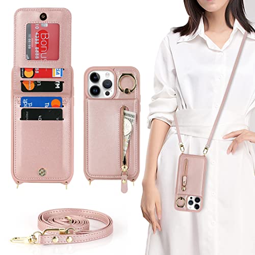 Ｈａｖａｙａ iPhone 14 Pro Hülle mit Band RFID Kartenhalter handyhülle iPhone 14 Pro mit Reißverschluss Band Ring Ständer Case für Frauen - Roségold von Ｈａｖａｙａ