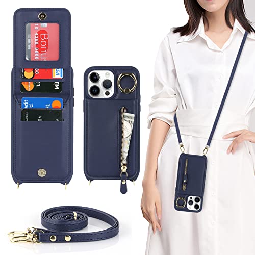 Ｈａｖａｙａ iPhone 14 Pro Max Hülle mit Band RFID Kartenhalter handyhülle iPhone 14 Pro Max mit Reißverschluss Band Ring Ständer Case für Frauen - Blau von Ｈａｖａｙａ