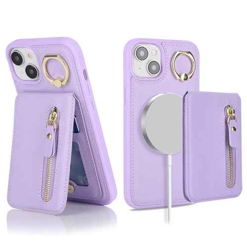 Ｈａｖａｙａ für iPhone 15 Hülle Kompatibel mit Magsafe für iPhone 15 Hülle Kartenfach Abnehmbar 2 in 1 Reißverschluss geldbörse Herren und Damen - Lila von Ｈａｖａｙａ