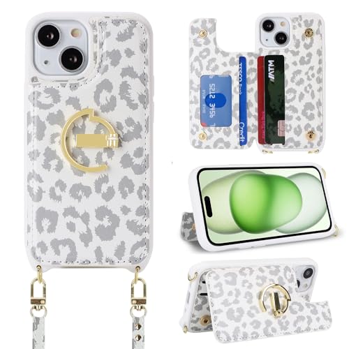 Ｈａｖａｙａ iPhone 15 Plus Hülle mit Band Kartenfach handyhülle iPhone 15 Plus mit Band Portemonnaie Damen Reißverschluss Ring Ständer Case - Weißer Leopardendruck von Ｈａｖａｙａ