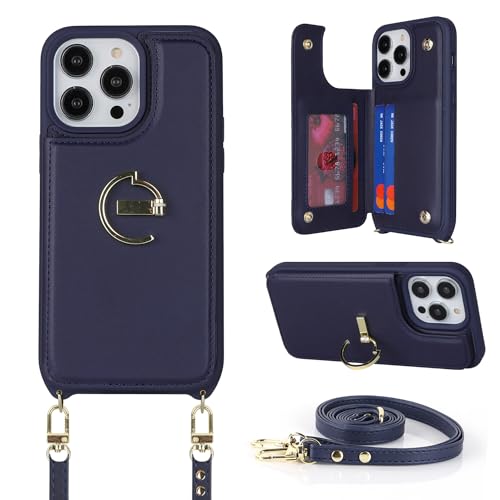 Ｈａｖａｙａ iPhone 15 Pro Max Hülle mit Band Kartenfach handyhülle iPhone 15 Pro Max mit Band Portemonnaie Damen Reißverschluss Ring Ständer Case - Dunkelblau von Ｈａｖａｙａ