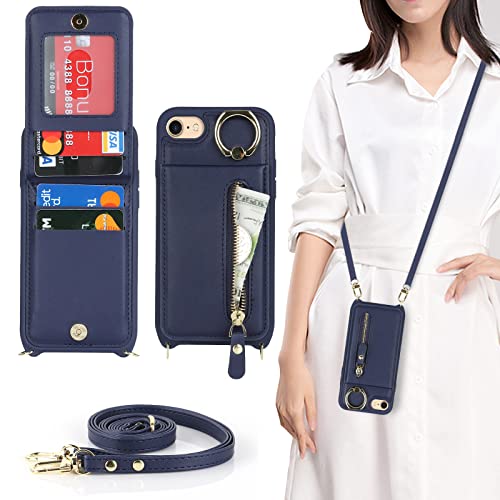 Ｈａｖａｙａ iPhone 7 Plus Hülle mit Band RFID Kartenhalter handyhülle iPhone 8 Plus mit Reißverschluss Band Ring Ständer Case für Frauen - Blau von Ｈａｖａｙａ