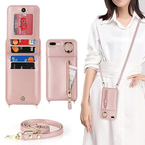 Ｈａｖａｙａ iPhone 7 Plus Hülle mit Band RFID Kartenhalter handyhülle iPhone 8 Plus mit Reißverschluss Band Ring Ständer Case für Frauen - Roségold von Ｈａｖａｙａ