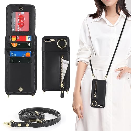 Ｈａｖａｙａ iPhone 7 Plus Hülle mit Band RFID Kartenhalter handyhülle iPhone 8 Plus mit Reißverschluss Band Ring Ständer Case für Frauen - Schwarz von Ｈａｖａｙａ