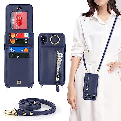Ｈａｖａｙａ iPhone XS Max Hülle mit Band RFID Kartenhalter handyhülle iPhone XS Max mit Reißverschluss Band Ring Ständer Case für Frauen - Blau von Ｈａｖａｙａ
