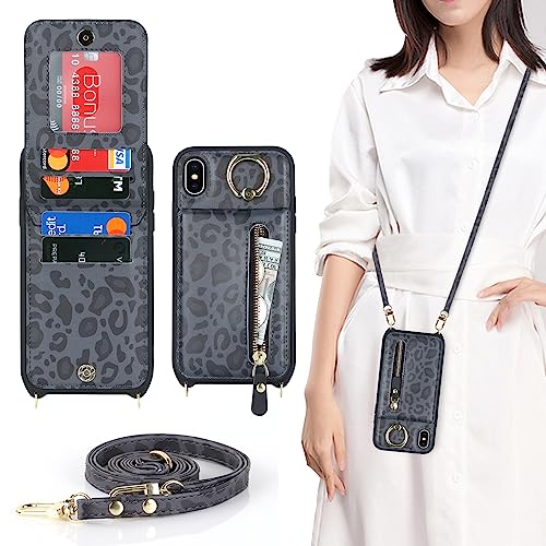 Ｈａｖａｙａ iPhone XS Max Hülle mit Band RFID Kartenhalter handyhülle iPhone XS Max mit Reißverschluss Band Ring Ständer Case für Frauen - Schwarzer Leopardendruck von Ｈａｖａｙａ