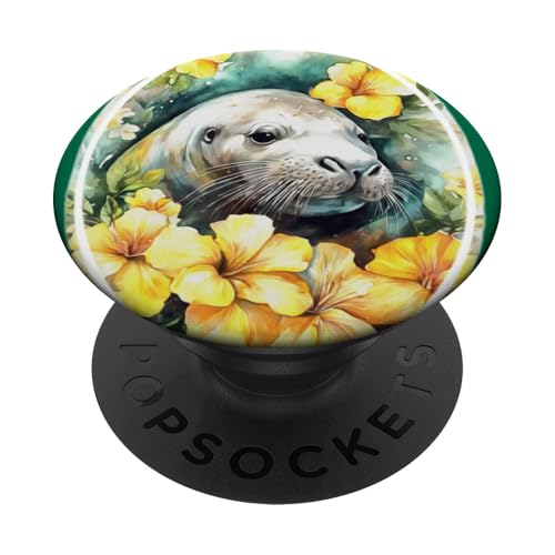 Hawaiianische Mönchsrobbe und gelbe Hibiskusblüten PopSockets Klebender PopGrip von Hawaii Territory Symbols Gifts & Tees taiche
