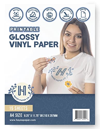 HAYES PAPER, Vinyl-Aufkleber, Folienaufkleber für Tintenstrahldrucker, 15 erstklassige GLÄNZENDE weiße wasserfeste Vinyl Sticker, A4-Größe von Hayes Paper Co.