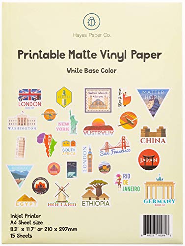 HAYES PAPER, Vinyl-Aufkleber, Folienaufkleber für Tintenstrahldrucker, 15 erstklassige MATT weiße wasserfeste Vinyl Sticker, A4-Größe von Hayes Paper Co.