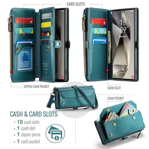 Haygdz Handyhülle für Samsung Galaxy S24 Ultra, mit Handschlaufe, Lederhülle Reißverschluss Magnetverschluss Brieftasche, Premium PU Stoßfeste Schutzhülle Brieftasche Cover Hülle, Blaugrün von Haygdz