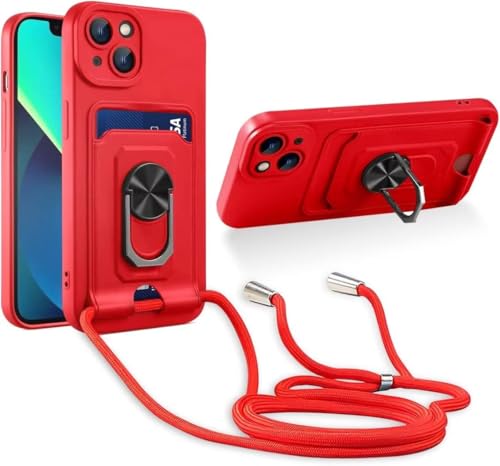 Haygdz Handykette Hülle kompatibel mit Samsung Galaxy A51 4G, 360 Grad Ringhalter Stand [Kartenfach] Handy Cover,Verstellbarer Halskette Handyhülle, Rot von Haygdz
