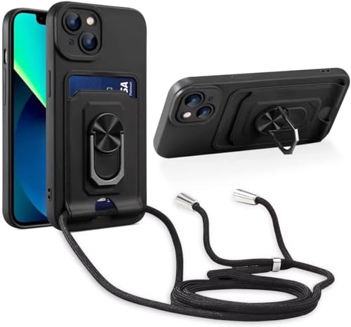 Haygdz Handykette Hülle kompatibel mit Xiaomi Poco X3/Poco X3 NFC/Poco X3 Pro, 360 Grad Ringhalter Stand [Kartenfach] Handy Cover,Verstellbarer Halskette Handyhülle, Schwarz von Haygdz