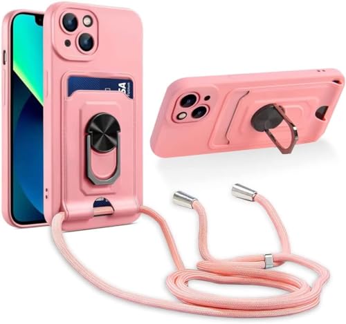 Haygdz Handykette Hülle kompatibel mit Xiaomi Redmi Note 7/Note 7 Pro, 360 Grad Ringhalter Stand [Kartenfach] Handy Cover,Verstellbarer Halskette Handyhülle, Rosa von Haygdz