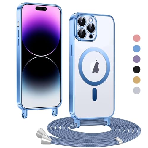 Haygdz Handykette für iPhone 14 Pro Max Hülle, Transparent Magnetische Kompatibel mit MagSafe, mit Abnehmbar Einstellbar Necklace Kratzfeste Stossfest Schutzhülle für iPhone 14 Pro Max, Blau von Haygdz