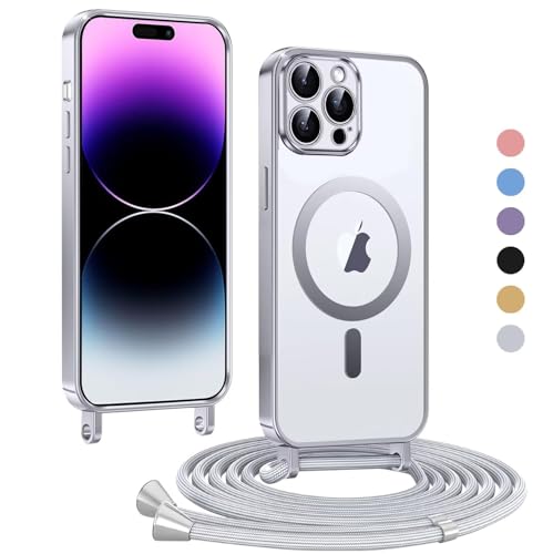 Haygdz Handykette für iPhone 14 Pro Max Hülle, Transparent Magnetische Kompatibel mit MagSafe, mit Abnehmbar Einstellbar Necklace Kratzfeste Stossfest Schutzhülle für iPhone 14 Pro Max, Grau von Haygdz