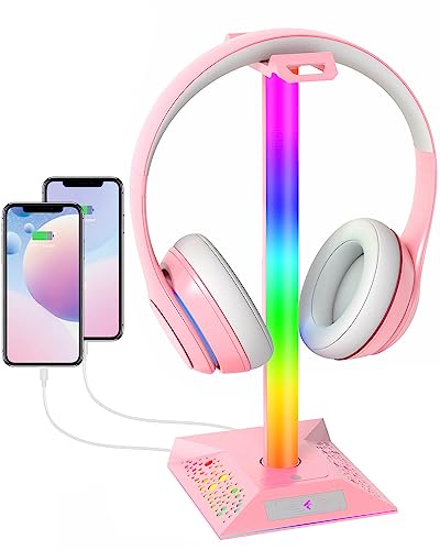 Hcman Headset Halterung Gaming Kopfhörer Ständer RGB Kopfhörer Halter mit 2 USB Anschlüssen, LED Headphone Stand Kopfhörerständer für PC Gamer, Rosa von Hcman