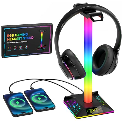 Hcman Headset Halterung Gaming Kopfhörer Ständer RGB Kopfhörer Halter mit 2 USB Anschlüssen, LED Headphone Stand Kopfhörerständer für PC Gamer, Schwarz von Hcman