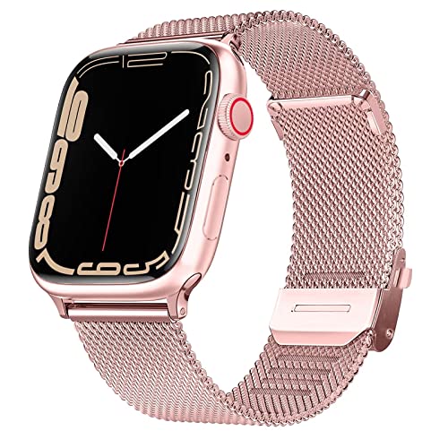 HdanMole Metall armband Kompatibel mit Apple Watch Armband 38mm 40mm 41mm 42mm 44mm 45mm Damen Herren, Milanese Mesh Edelstahl iwatch Band für Serie 7/6/5/4/3/2/1/SE,Rosa 42/44/45mm von HdanMole