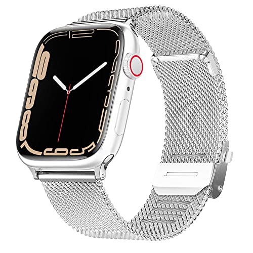 HdanMole Metall armband Kompatibel mit Apple Watch Armband 38mm 40mm 41mm 42mm 44mm 45mm Damen Herren, Milanese Mesh Edelstahl iwatch Band für Serie 7/6/5/4/3/2/1/SE,Silber 42/44/45mm von HdanMole