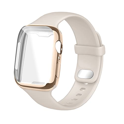 HdanMole Silikon Armband mit Displayschutz Hülle Kompatibel mit Apple Watch Armband 38/40mm 41/42mm 44mm 45mm, Damen Herren Beige Ersatzarmbänder für iWatch Series SE 7 6 5 4 3 2 1 (Polarstern,44mm) von HdanMole